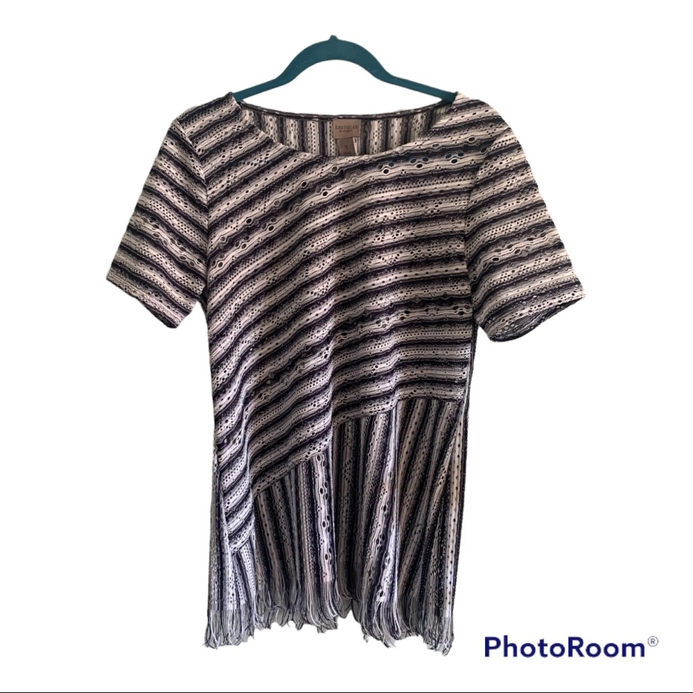 Chico's Easy wear Short Sleeve Blue and White Stripped Top with Fringe